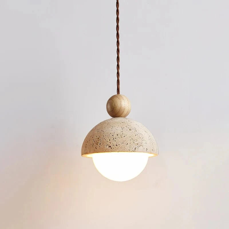 LunaGlow™ travertin glazen hanglamp met houten accent – productafbeelding 1