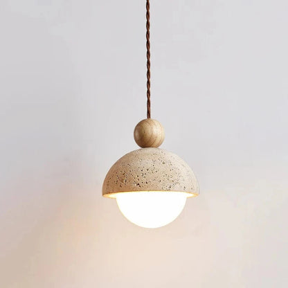 LunaGlow™ travertin glazen hanglamp met houten accent – productafbeelding 1