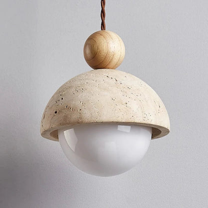 LunaGlow™ travertin glazen hanglamp met houten accent – productafbeelding 3