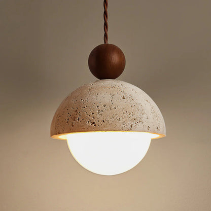 LunaGlow™ travertin glazen hanglamp met houten accent – productafbeelding 5