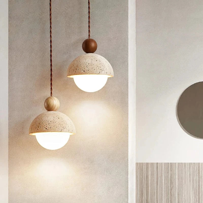 LunaGlow™ travertin glazen hanglamp met houten accent – productafbeelding 6