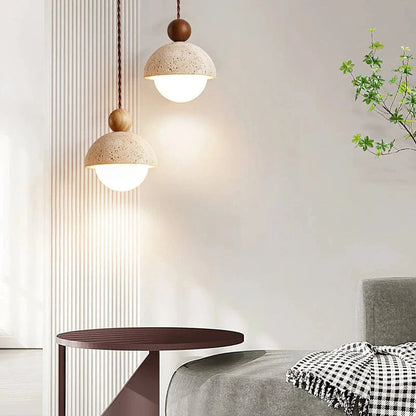 LunaGlow™ travertin glazen hanglamp met houten accent – productafbeelding 8