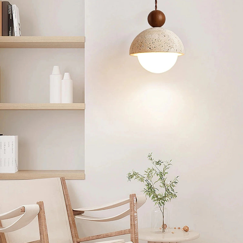 LunaGlow™ travertin glazen hanglamp met houten accent – productafbeelding 9