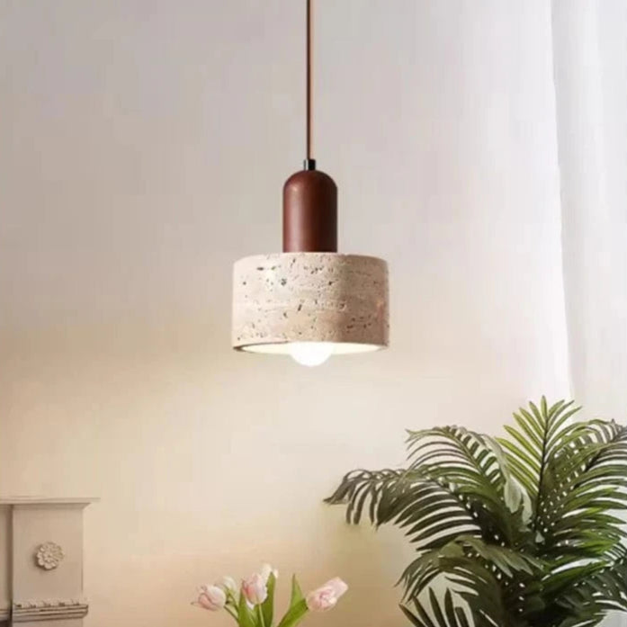 LumaSphere™ glazen Japandi hanglamp met travertin en walnoot – productafbeelding 1