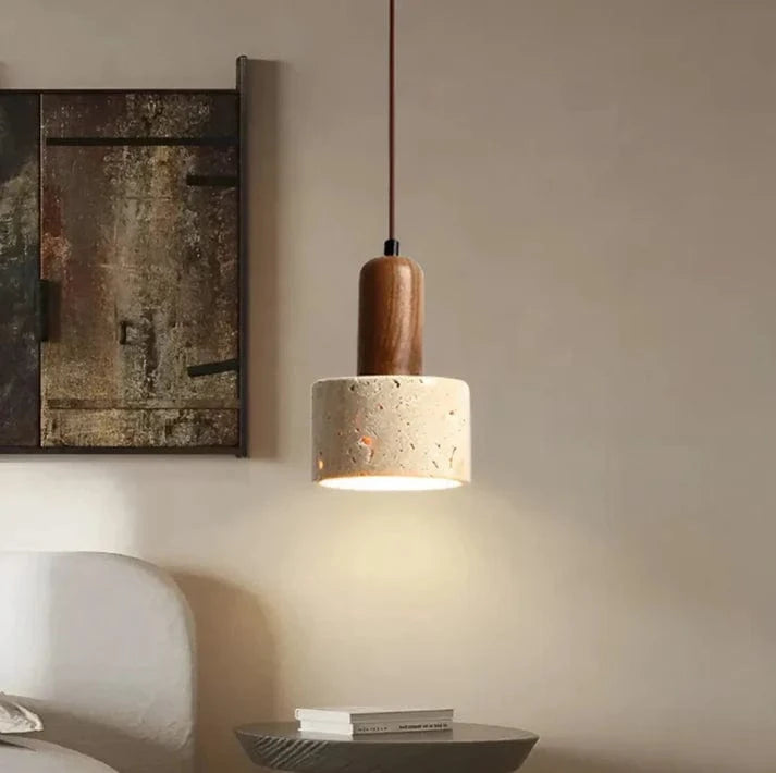 LumaSphere™ glazen Japandi hanglamp met travertin en walnoot – productafbeelding 2