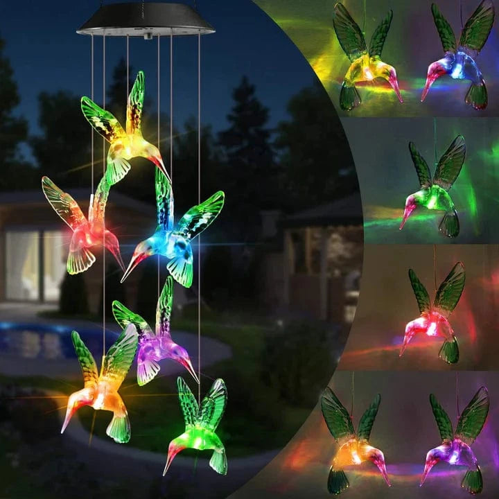 LumiHaven™ solar windgong met kolibries en LED-licht – productafbeelding 1