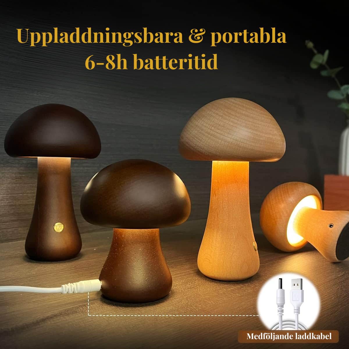 MushroomGlow™ draadloze houten paddenstoellamp met touch – productafbeelding 8