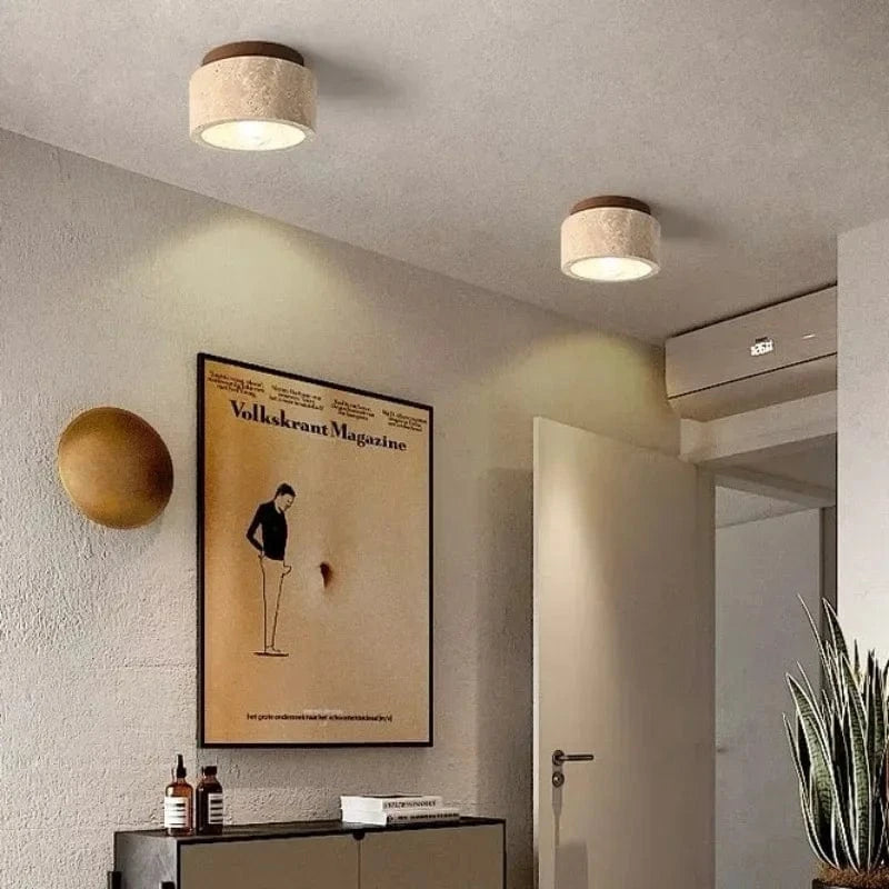 SereneGlow™ plafondlamp van travertin en massief hout – productafbeelding 3