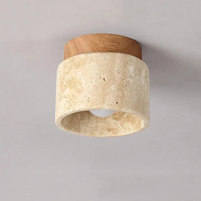 TranquilGlow™ ronde plafondlamp van travertin en hout – productafbeelding 1