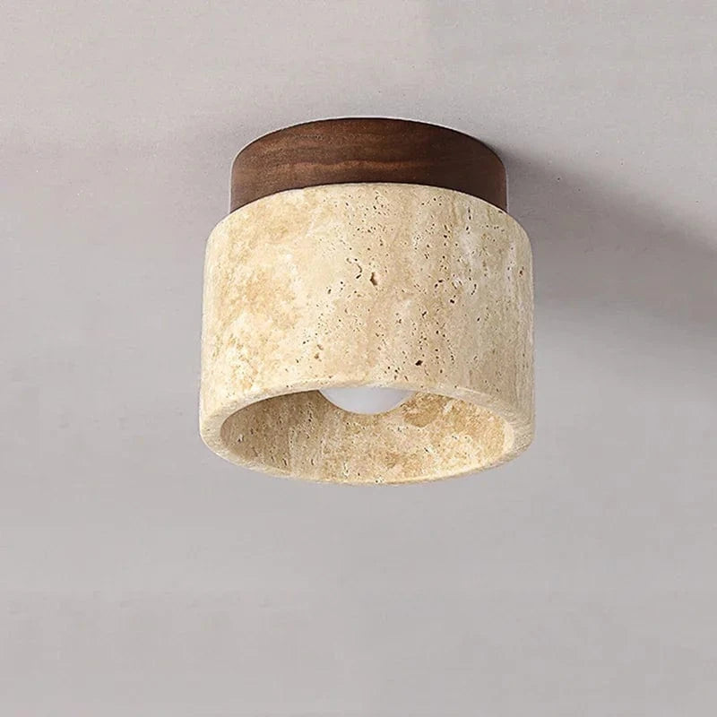 TranquilGlow™ ronde plafondlamp van travertin en hout – productafbeelding 2