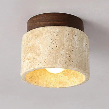 TranquilGlow™ ronde plafondlamp van travertin en hout – productafbeelding 3
