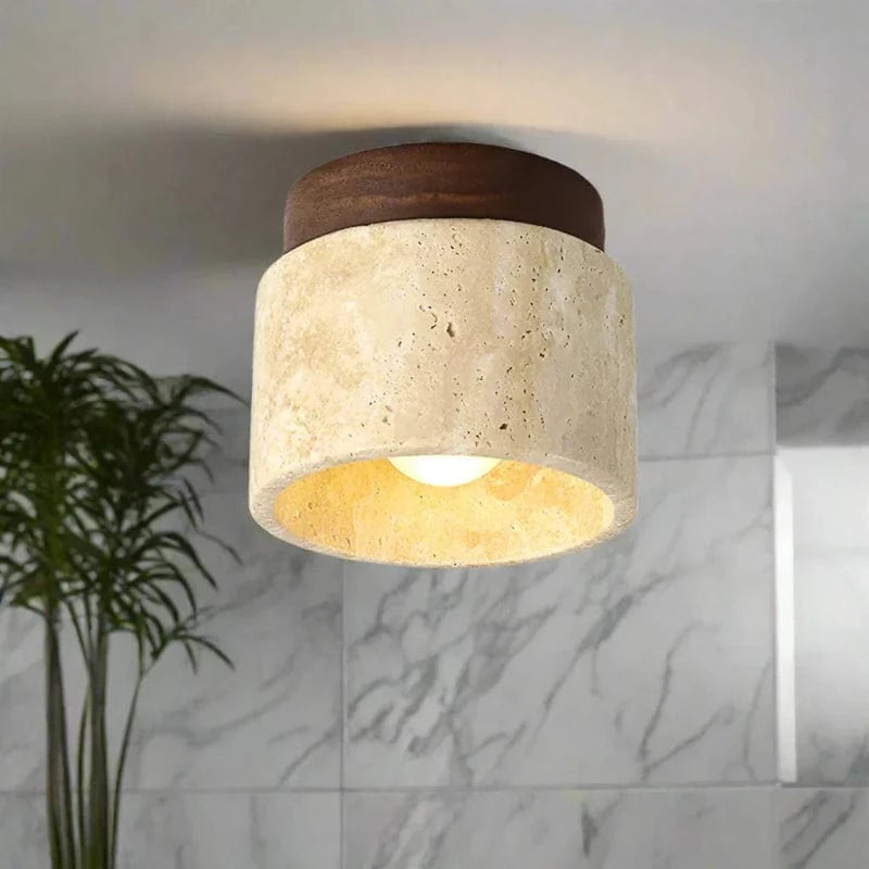 TranquilGlow™ ronde plafondlamp van travertin en hout – productafbeelding 4