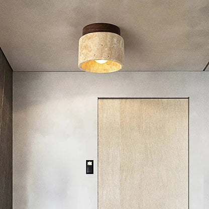 TranquilGlow™ ronde plafondlamp van travertin en hout – productafbeelding 5
